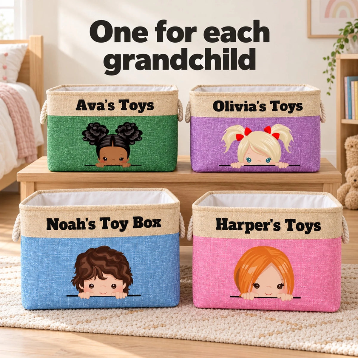 Four personalized toy boxes in different colors, each with its own name and cartoon child