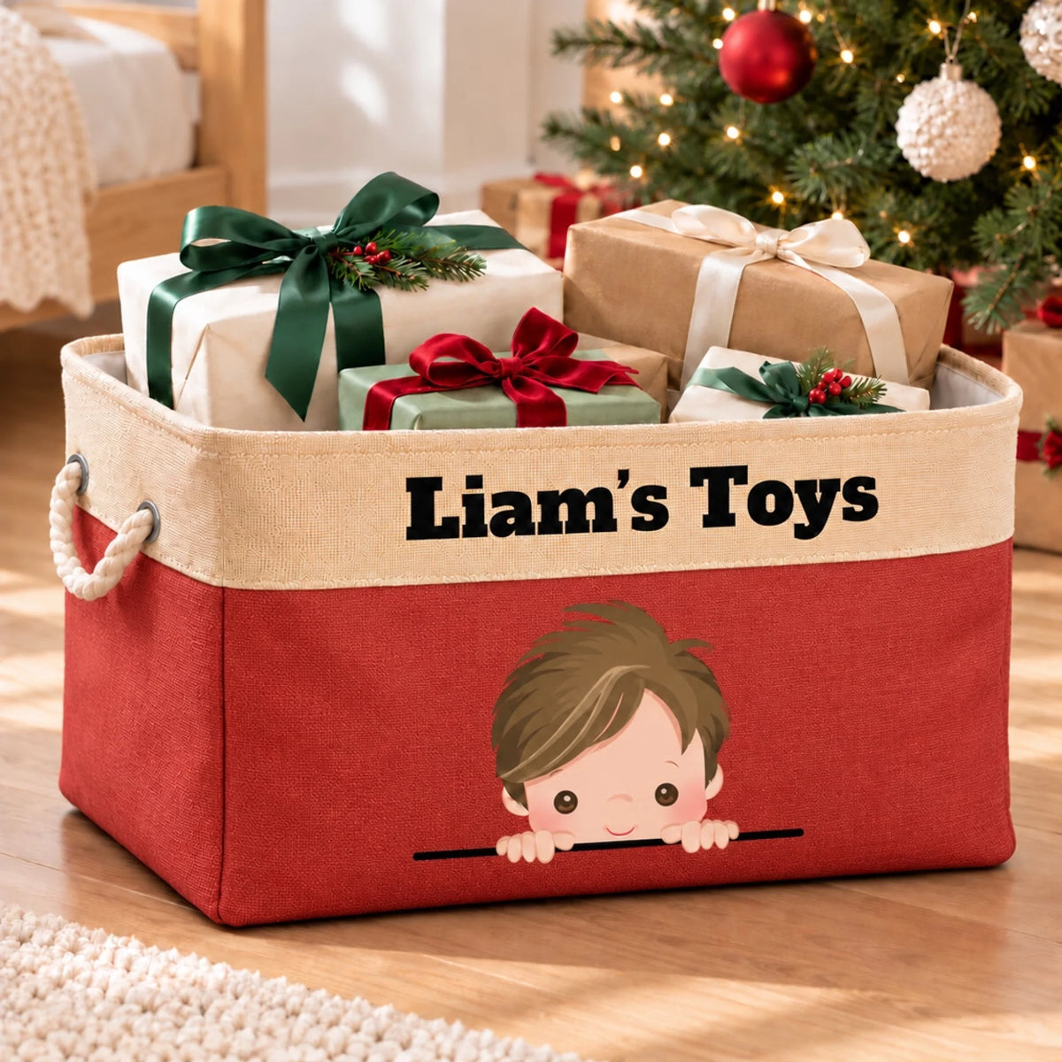 Red personalized toy box with the name Liam and a cartoon boy, filled with wrapped presents beside a Christmas tree