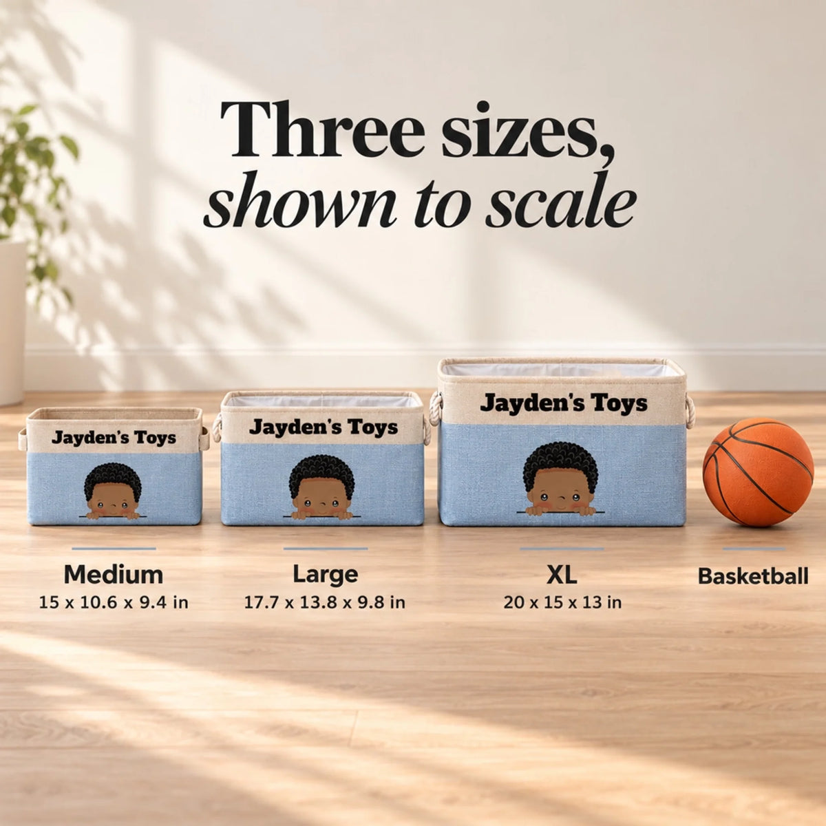 Medium, Large and XL toy boxes shown to scale next to a basketball, with each size in inches