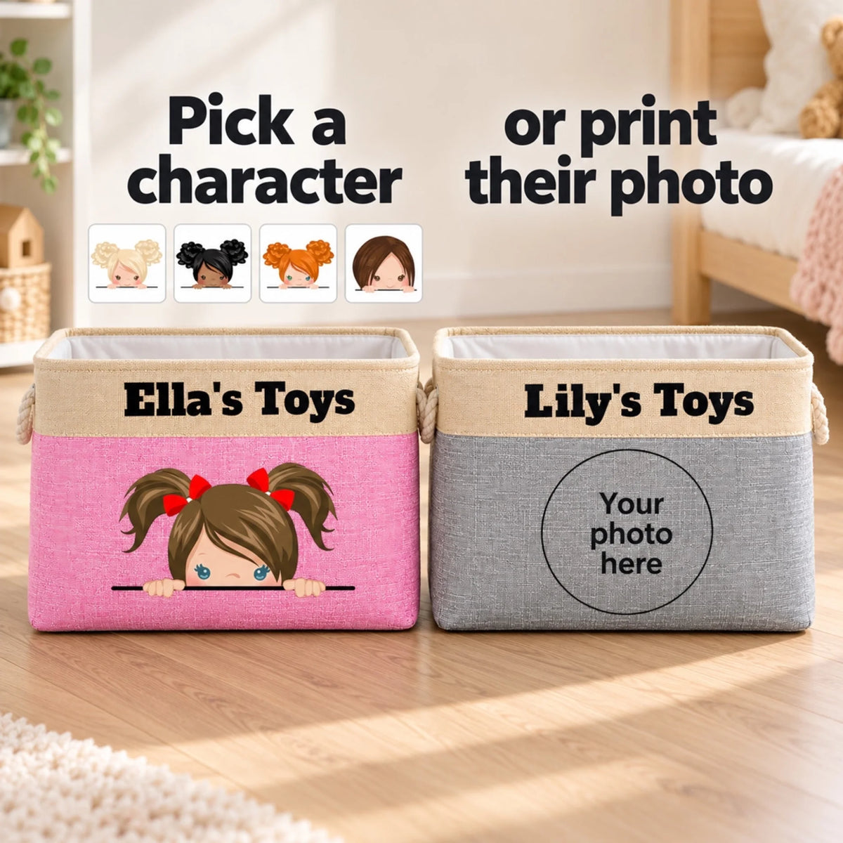 Two toy boxes: one with a cartoon character, one with a circle for a printed photo