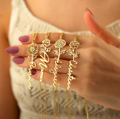 Personalised Birth Flower Name Necklace