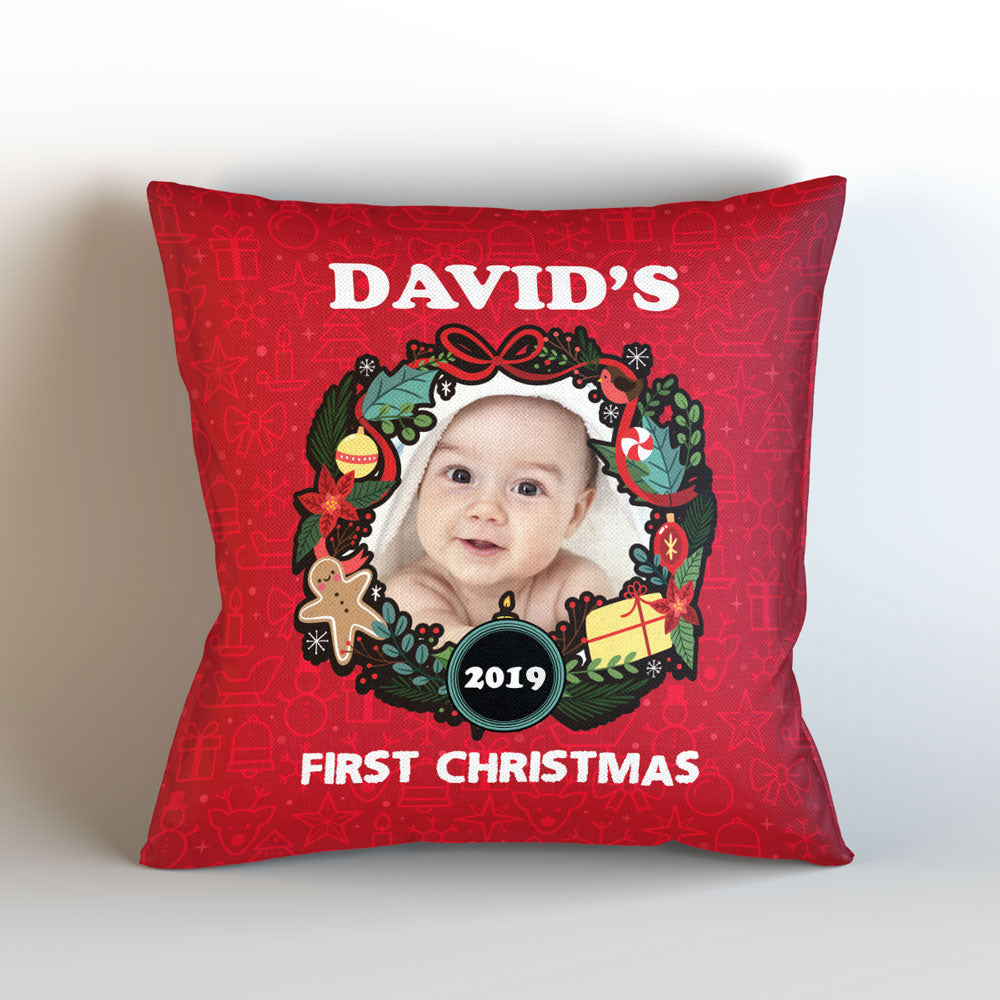 Baby's First Christmas Photo Personalized Pillow Cover